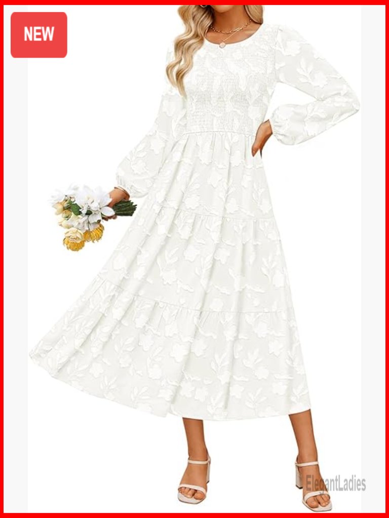 Boho Floral Midi Dress Long Sleeve Crewneck Flowy A-Line Wedding Guest Dress